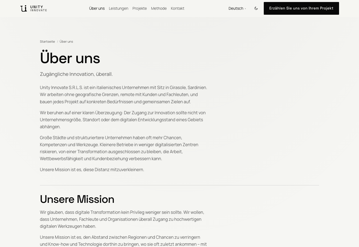 Seite Über uns: Titel, Untertitel „Zugängliche Innovation, überall.“ und der einleitende Text zur Identität von Unity Innovate.