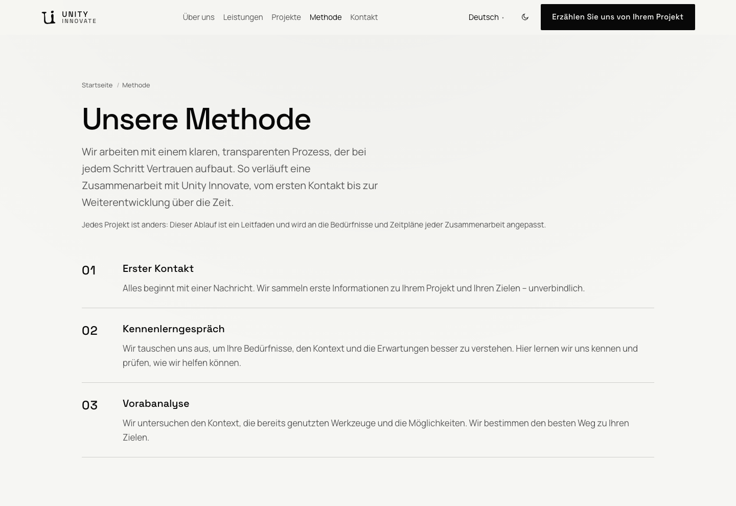 Seite Unsere Methode: Titel, Einleitung und Beginn der Abfolge, ab dem ersten Kontakt.