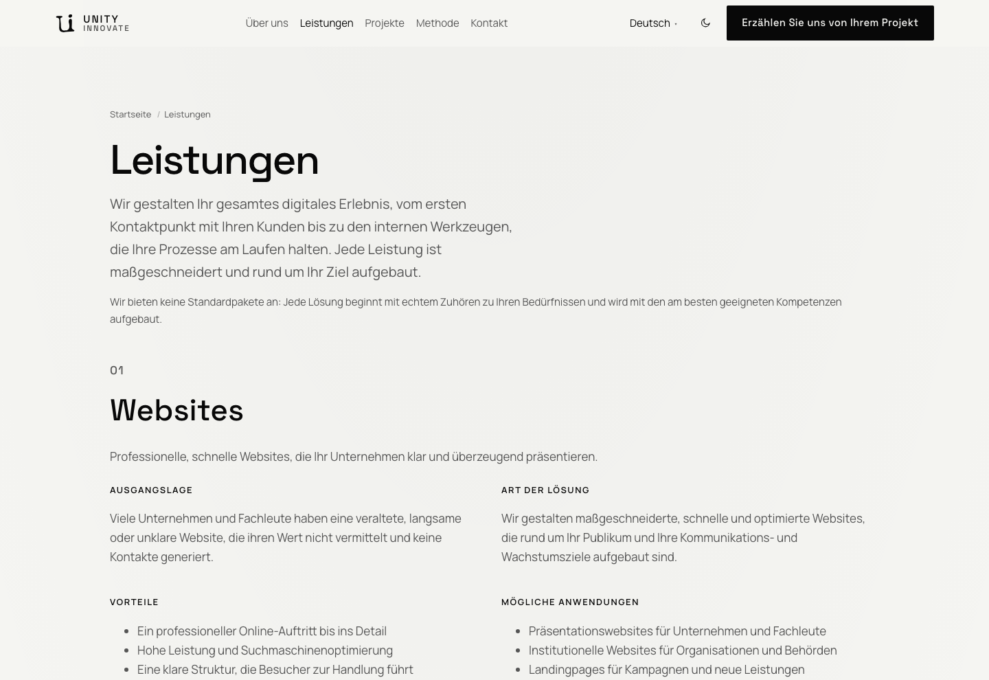 Seite Leistungen: Titel, Einleitung und Beginn des Bereichs Websites.