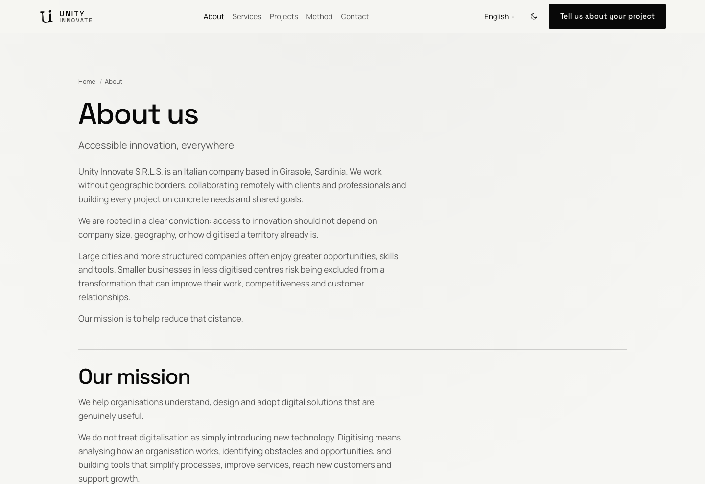About us page: the title, the subtitle “Accessible innovation, everywhere.” and the opening text on Unity Innovate’s identity.