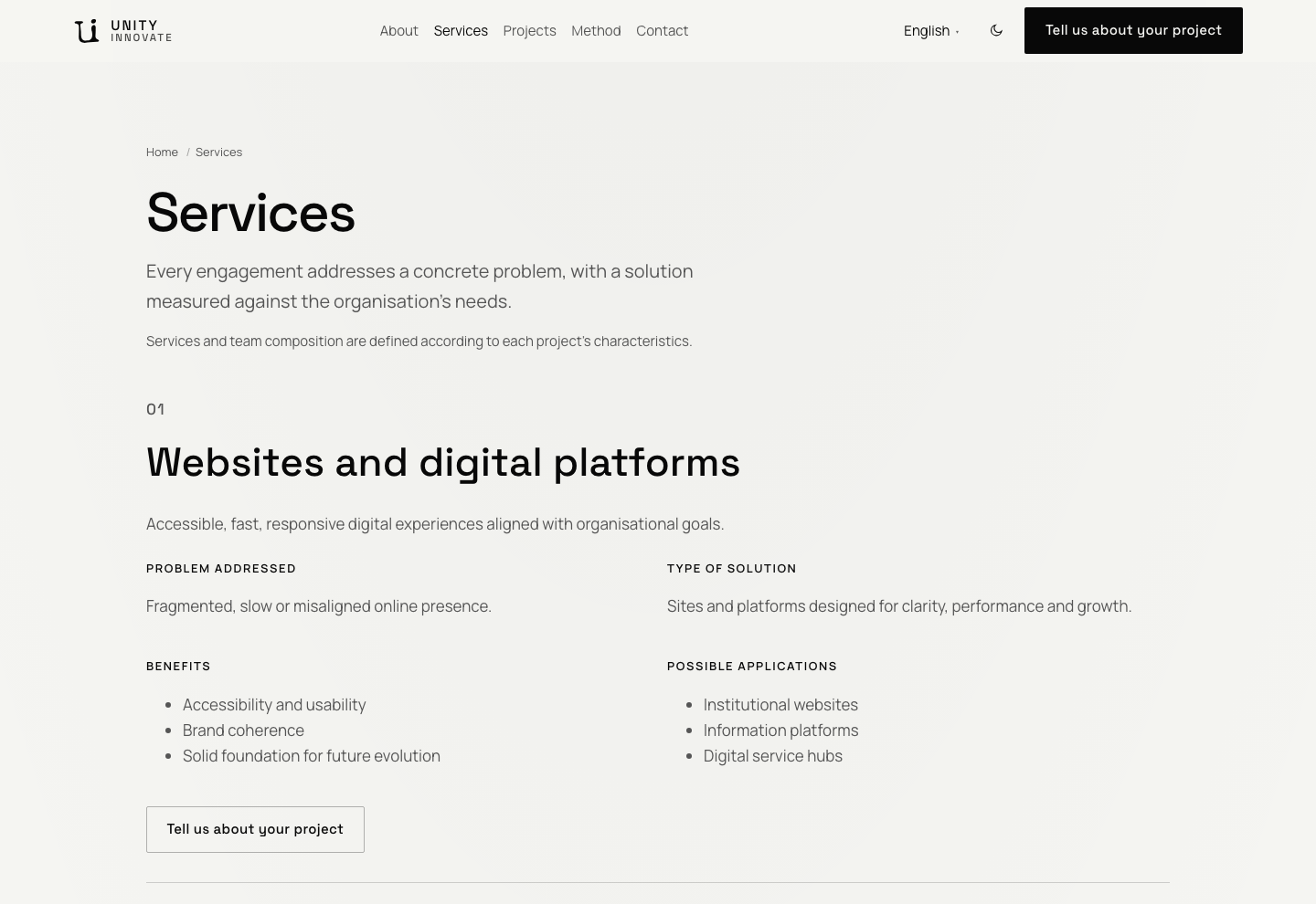 Services page: the title, introduction and the start of the Websites and digital platforms area.