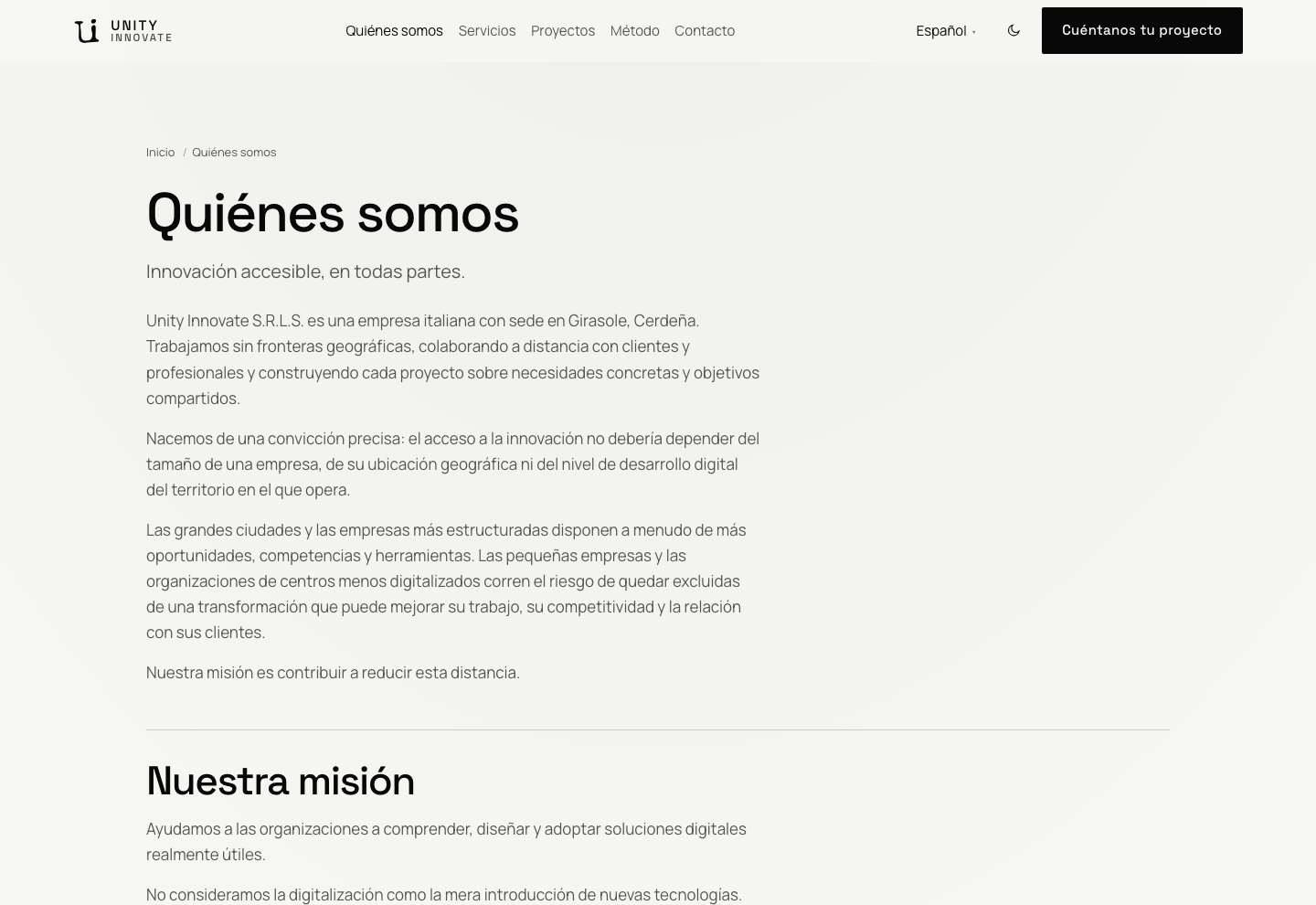 Página Quiénes somos: título, subtítulo «Innovación accesible, en todas partes.» y texto de apertura sobre la identidad de Unity Innovate.