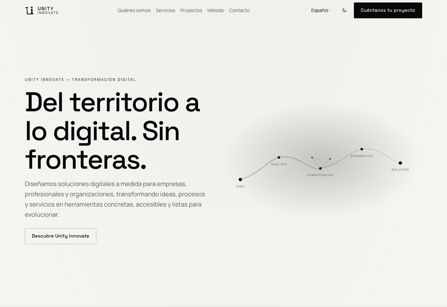 Página de inicio de Unity Innovate: título «Del territorio a lo digital. Sin fronteras.», texto de posicionamiento, navegación y diagrama del recorrido.