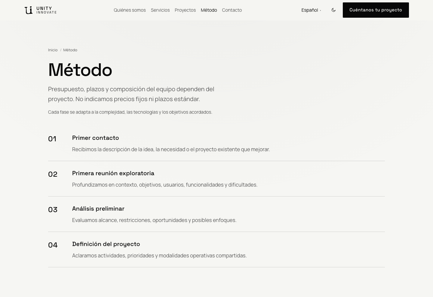 Página Método: título, introducción e inicio de la secuencia, desde el primer contacto.