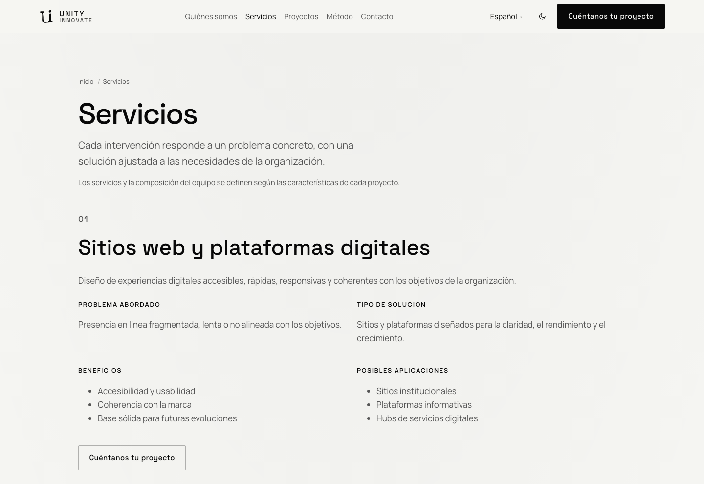 Página Servicios: título, introducción e inicio del área Sitios web y plataformas digitales.