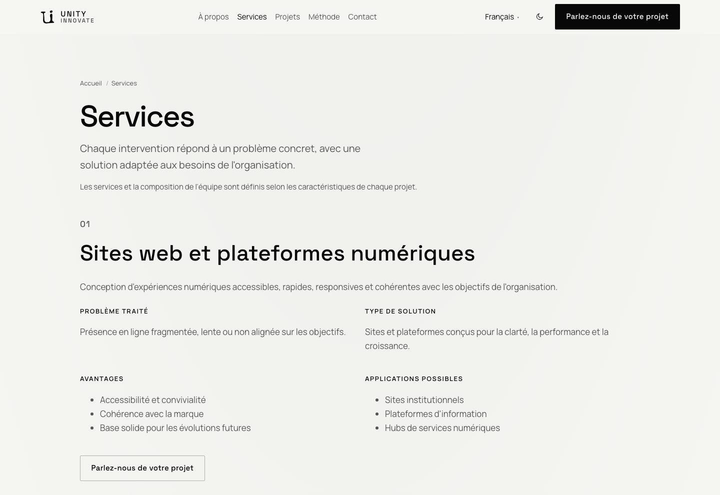 Page Services : titre, introduction et début du domaine Sites web et plateformes numériques.