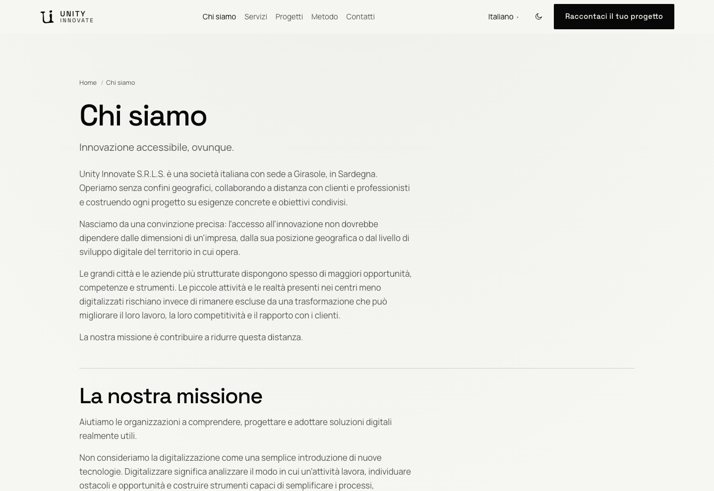 Pagina Chi siamo: titolo, sottotitolo «Innovazione accessibile, ovunque.» e testo sull’identità di Unity Innovate.