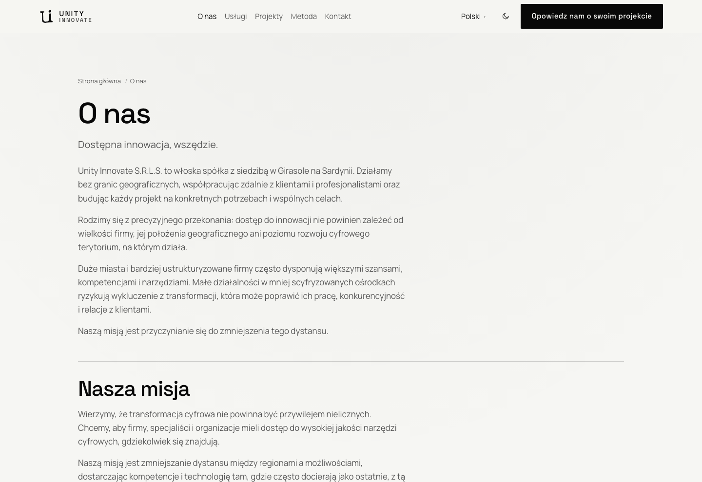 Strona O nas: tytuł, podtytuł „Dostępna innowacja, wszędzie.” i tekst otwierający o tożsamości Unity Innovate.