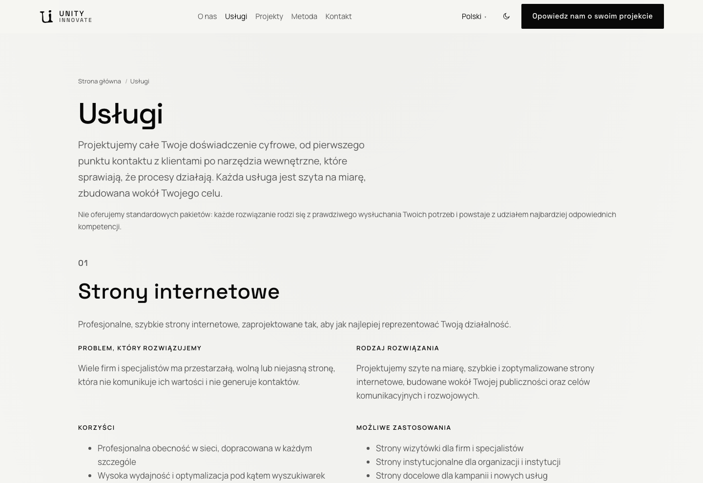 Strona Usługi: tytuł, wstęp i początek obszaru Strony internetowe.