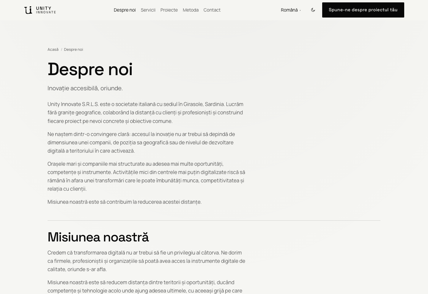 Pagina Despre noi: titlu, subtitlul „Inovație accesibilă, oriunde.” și textul de deschidere despre identitatea Unity Innovate.
