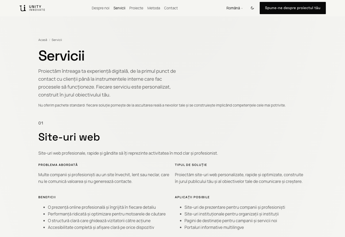 Pagina Servicii: titlu, introducere și începutul zonei Site-uri web.