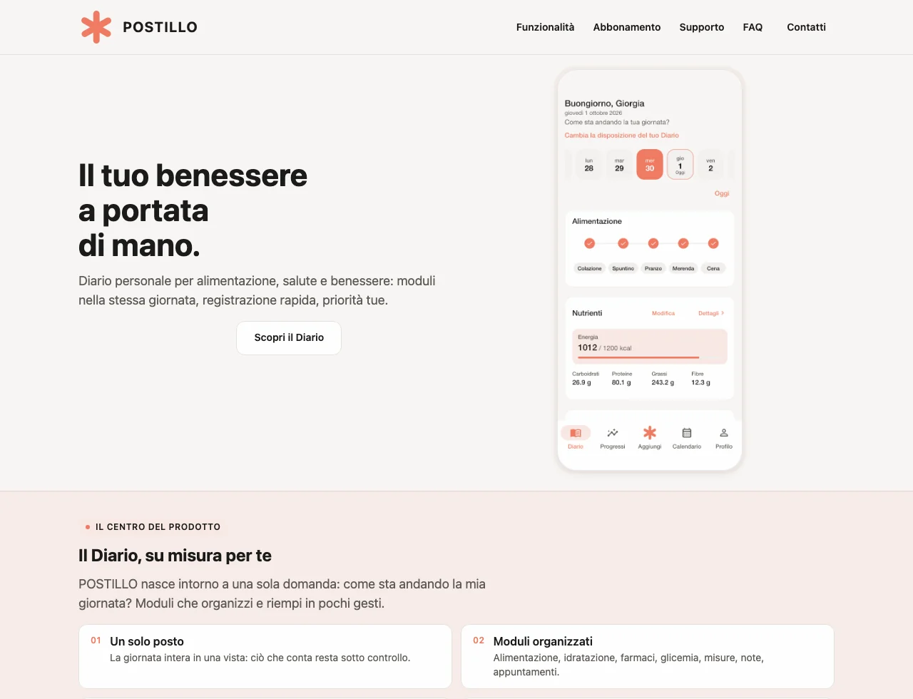 Sito pubblico di POSTILLO: marchio color corallo, titolo sul benessere quotidiano e un telefono con la home del diario e moduli di esempio.